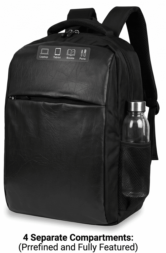 Premium 15.6-Inch Laptop Backpack for Men & Women | Sleek Faux Leather Front, 4 Spacious Compartments, External Water Bottle Pocket | Ergonomic "Jalidar" Breathable Mesh Back Panel for Airflow – Perfect for Office, College & Travel (Black) view 2