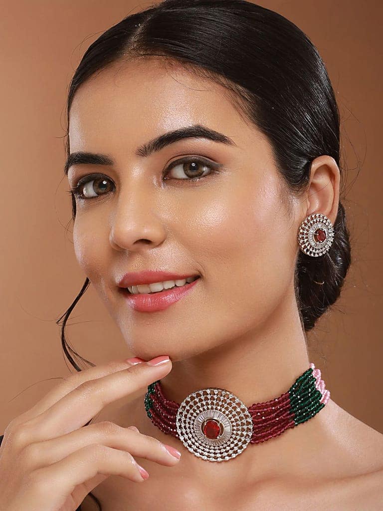 Silver Plated Ruby Red Studded Pearl Beaded Studds Earrings With Choker Jewellery Set view 2