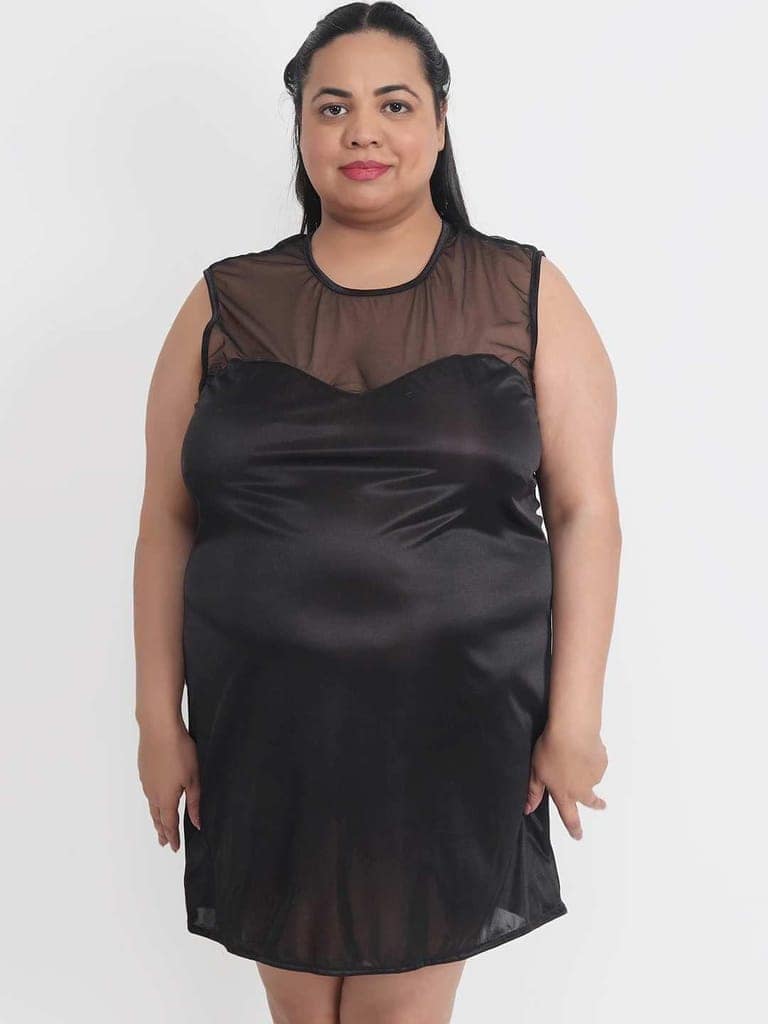 Plus Size Sexy Net & Satin Black Babydoll Bikini Dress for Honeymoon BB31K