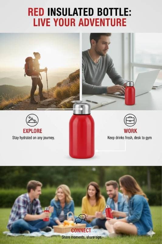 Insulated Stainless Steel Portable Water Bottle (Red, 500ml) | Leak-Proof Drinkware | Outdoor & Daily Hydration view 6