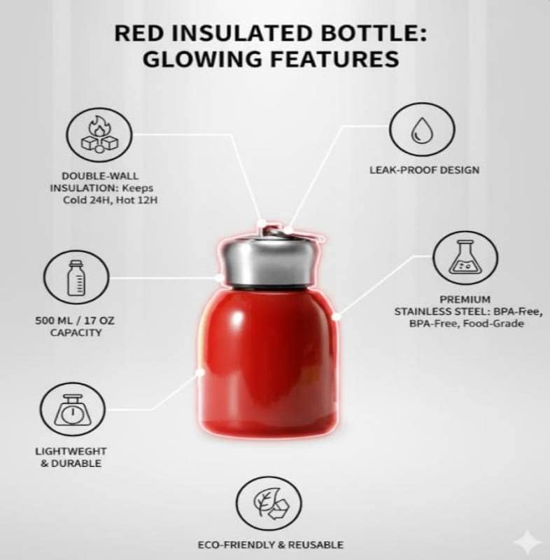 Insulated Stainless Steel Portable Water Bottle (Red, 500ml) | Leak-Proof Drinkware | Outdoor & Daily Hydration view 7