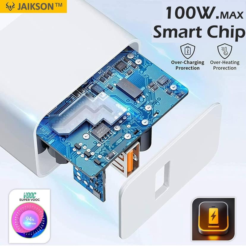 Jaikson 100W SuperVooc 6.1A Fast Wall Charger Adapter with Type-C Charging Cable for One Plus,Xiaomi, Samsung,Vivo,Realmi,Oppo Android & iOS Smart Phones view 5