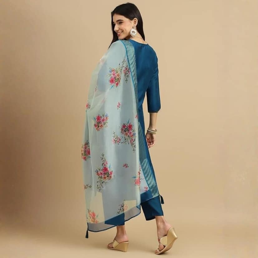 Elegant Teal Blue Embroidered Kurta Pant Set with Chanderi Digital Dupatta for Women view 4