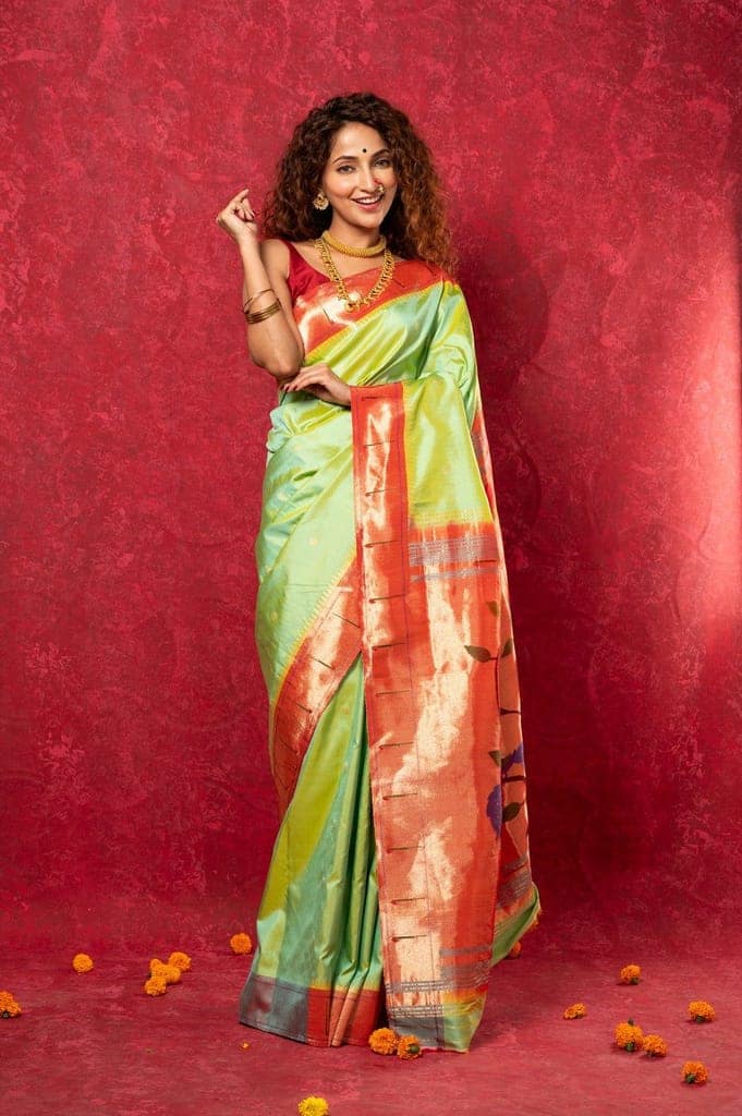 Handloom Pure Silk Muniya Border Paithani Saree with Traditional Peacock Parrot Pallu ~ Lime Green view 2