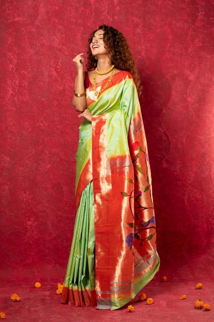 Handloom Pure Silk Muniya Border Paithani Saree with Traditional Peacock Parrot Pallu ~ Lime Green view 3