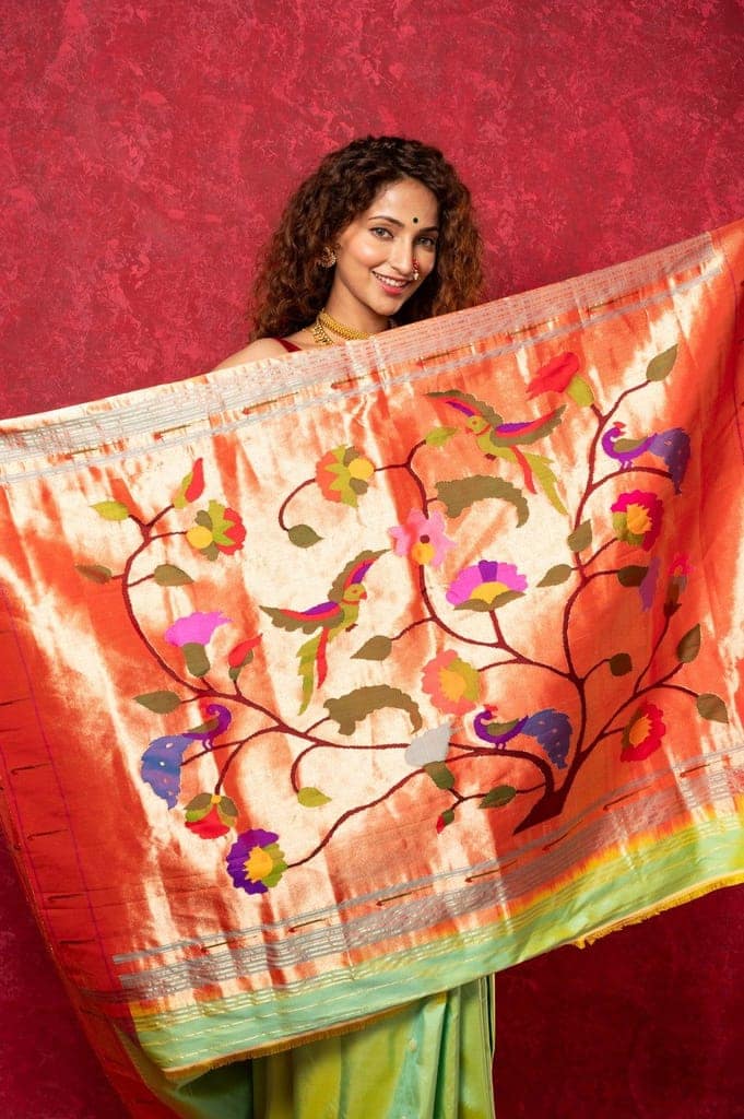 Handloom Pure Silk Muniya Border Paithani Saree with Traditional Peacock Parrot Pallu ~ Lime Green view 5