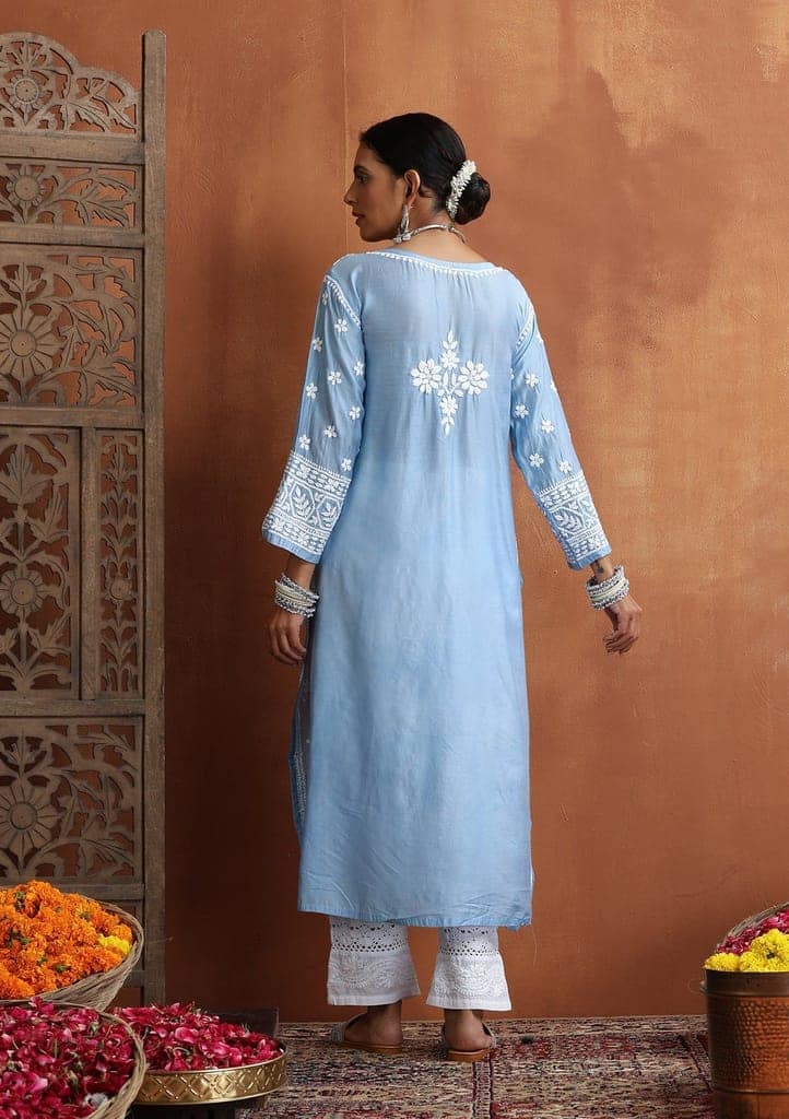 Chanderi Chikankari Solid Women's Long Kurta - Blue view 8