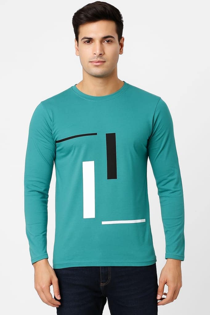 Men’s Sea Green Full Sleeve Cotton Blend T-Shirt with Abstract Graphic Print | Stylish Casual Wear