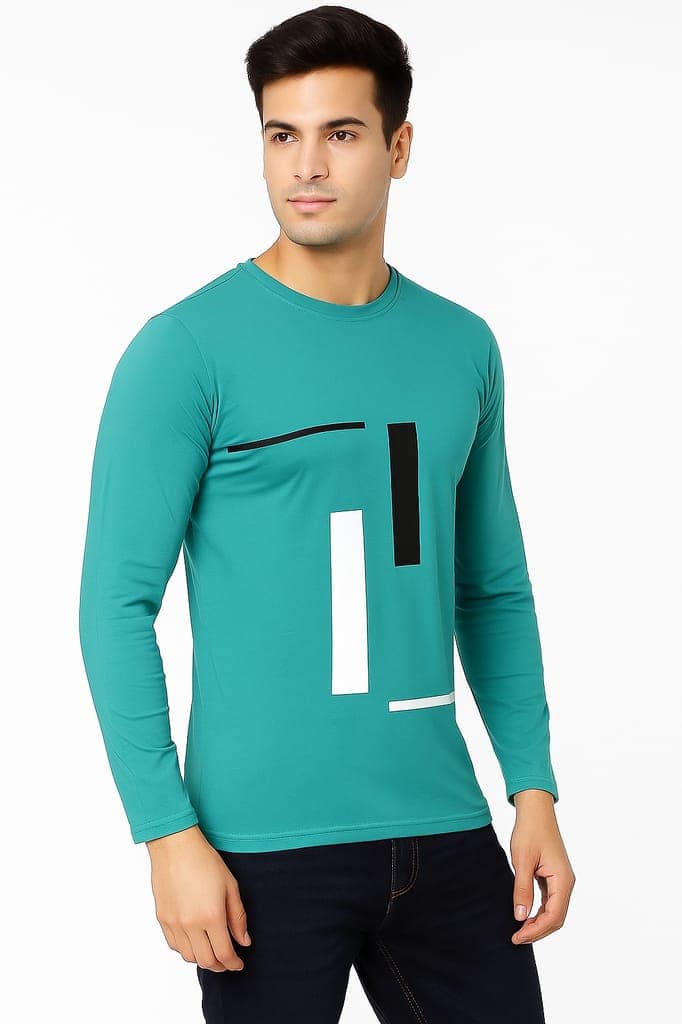 Men’s Sea Green Full Sleeve Cotton Blend T-Shirt with Abstract Graphic Print | Stylish Casual Wear view 3