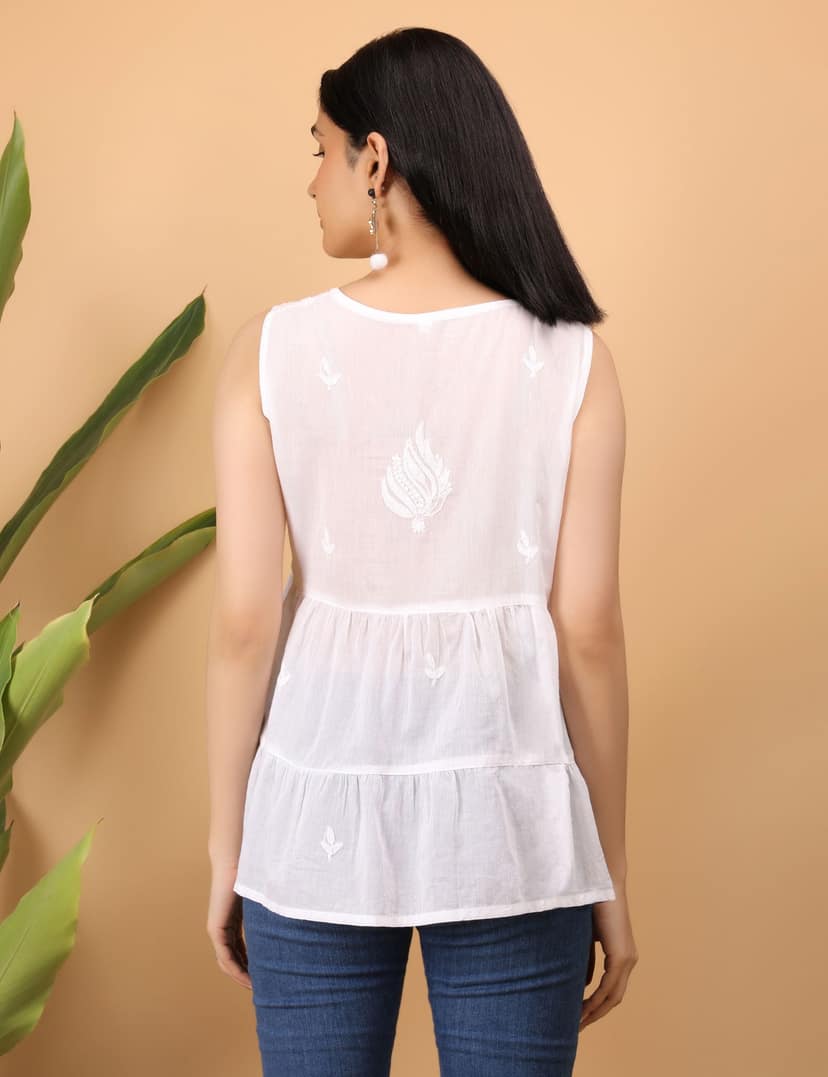 Shwet Women White Chikankari Sleevless Tier Top view 3