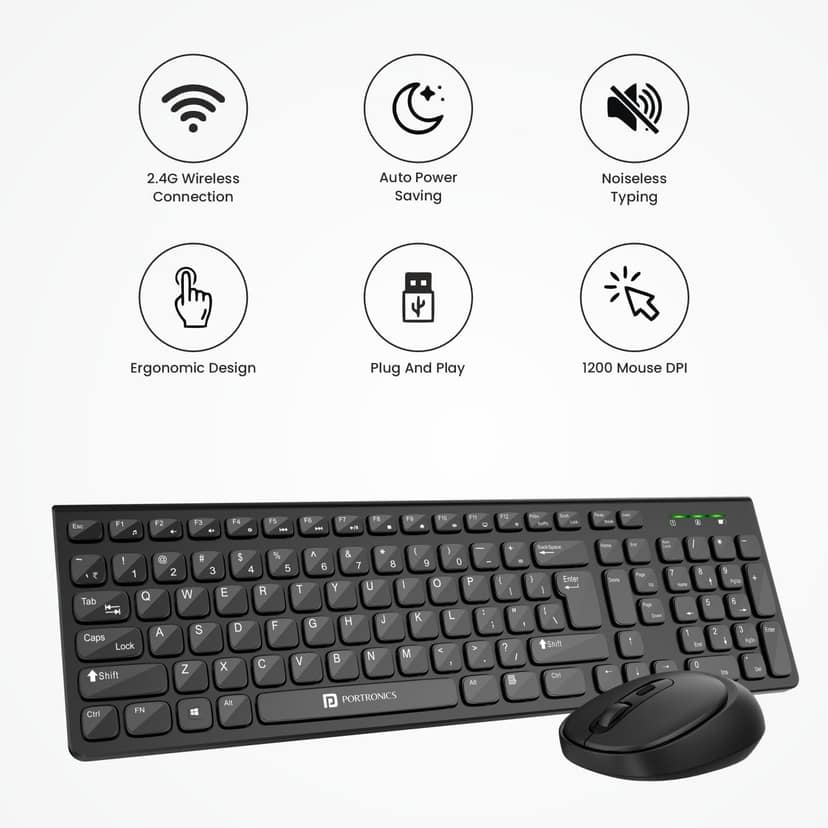 Portronics Key7 Combo Wireless Keyboard & Mouse Set with 2.4 GHz USB Receiver, 10m Working Range, 12 Shortcut Keys, Adjustable DPI, 10 Million Key Life & Click Life for PC, Laptop, Mac view 4