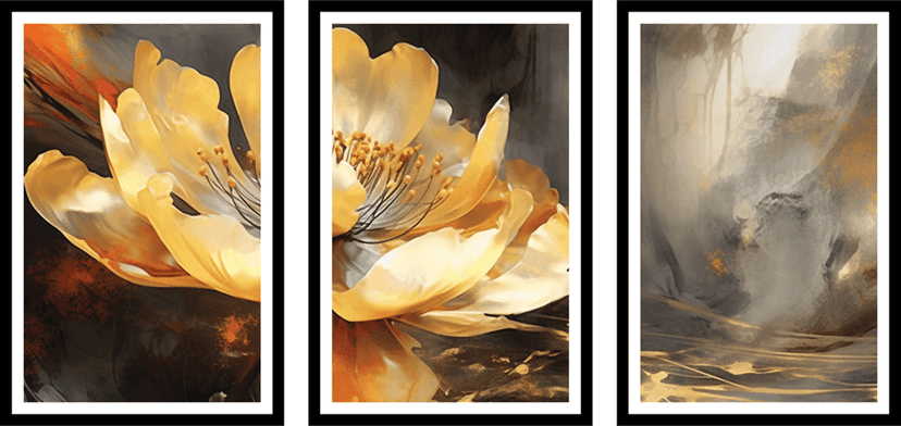SET OF 3 YELLOW FLOWER PAINTING 48in X 24in WITH BLACK FRAME view 2