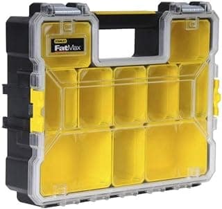STANLEY FATMAX 1-97-518 10 Compartment Waterproof Deep Professional Organizer With Metal Latches, IP53 Rated Waterseal, 8 Kg Weight Capacity, Transparent Polypropylene Lid, 43.2x10.9x33 cm
