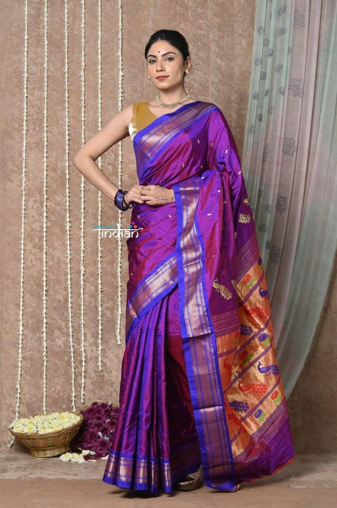 Tyohaar ~ Handloom Pure Silk Maharani Paithani Saree with Handcrafted Peacock Lotus Pallu ~ Dual Tone Pink Purple view 4