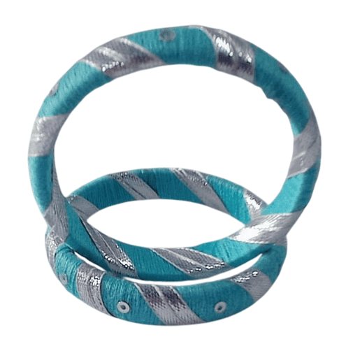 Aqua and Silver Silk Bangle Set of 2 view 2