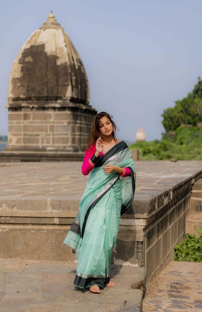 Tattvam - Light Green Silk Cotton Maheswari saree view 8