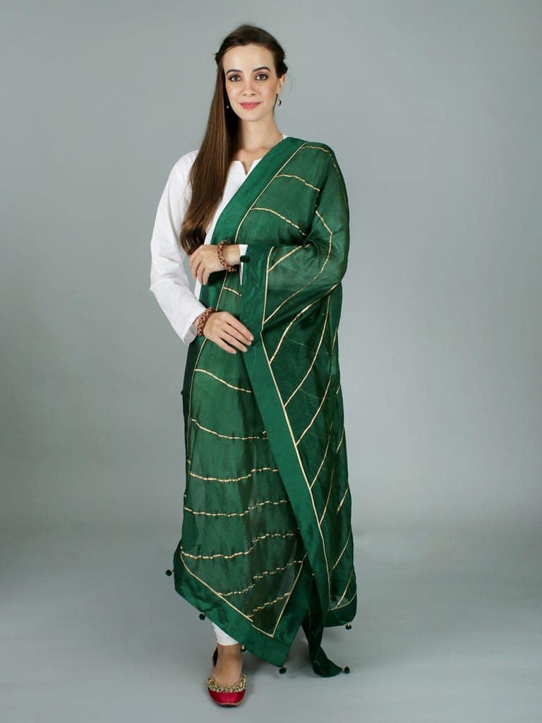 Green-Jacket Gota Dupatta from Amritsar with Patch Border and Pom-Poms view 2