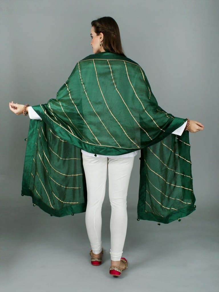 Green-Jacket Gota Dupatta from Amritsar with Patch Border and Pom-Poms view 4