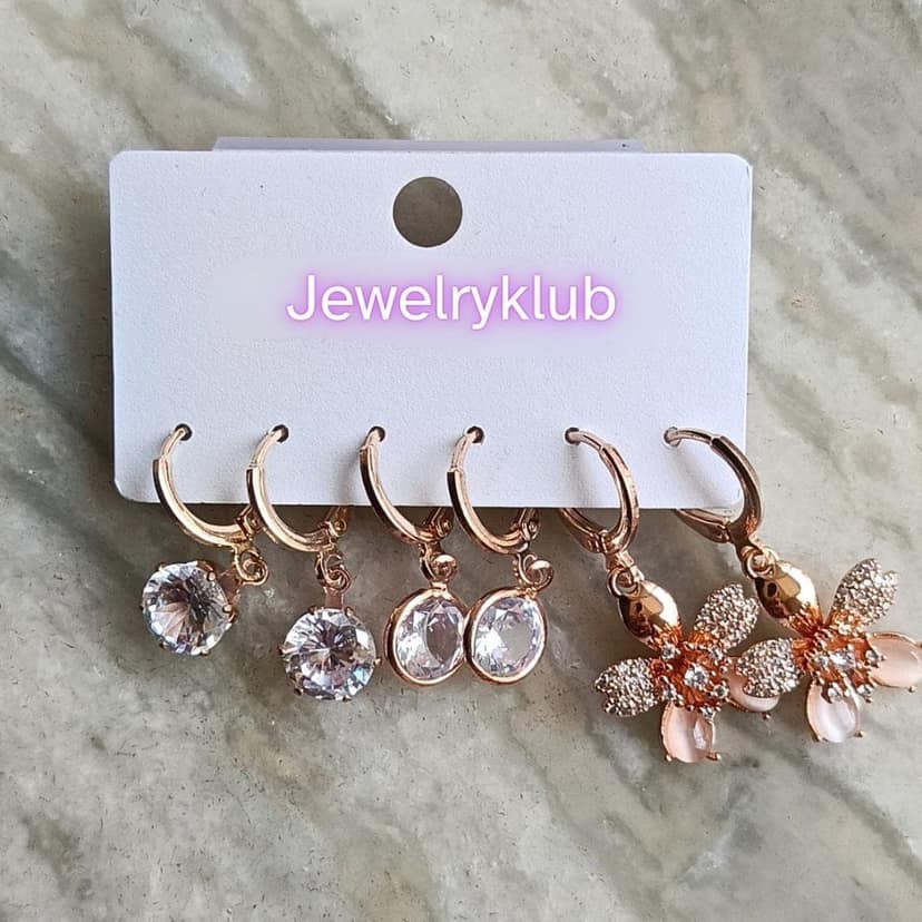 Jewelryklub Combo Of 3 Pairs Rose Gold Plated Zircon Studded AD Earrings For Girls Women Design 4 view 3