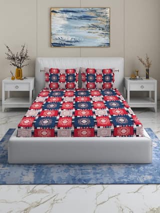 Quirky Home Fantasy Collection Premium Cotton Blend 180 TC Fitted Double Wrinklefree Bedsheet with 2 Pillow Covers, Red Blue Square