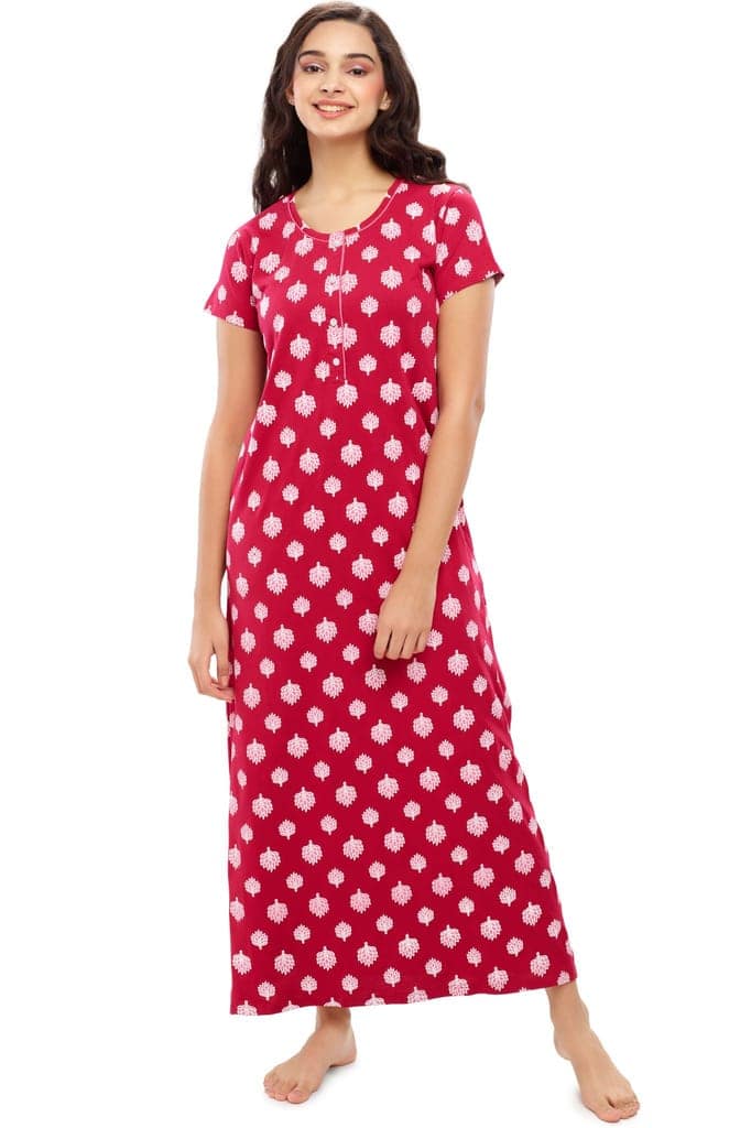 ZEYO Womens Cotton Navy Blue Leaf Printed Stylish Maxi Night Dress Nighty view 5