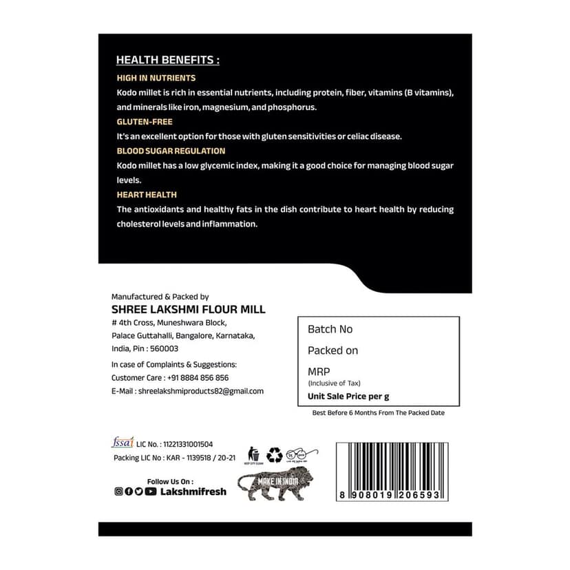 Lakshmi Fresh Kodo Millet Pongal 400g | Instant & Ready-to-Cook | Gluten-Free & Healthy Breakfast Mix (pack of 2) view 3