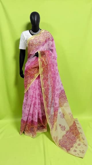 Handwoven Kota Doria Block Print Saree in Yellow with Blouse