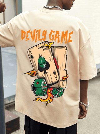 SCOTT FINCHER Men's Casual Short Sleeve T-Shirt with Devil's Game Print, Streetwear Hip Hop Style Tee Shirt : AA(ARN)CREAM_139