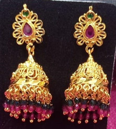 14k Gold Plated Ruby and Black Stone Jhumka Earrings