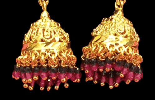 14k Gold Plated Ruby and Black Stone Jhumka Earrings view 3