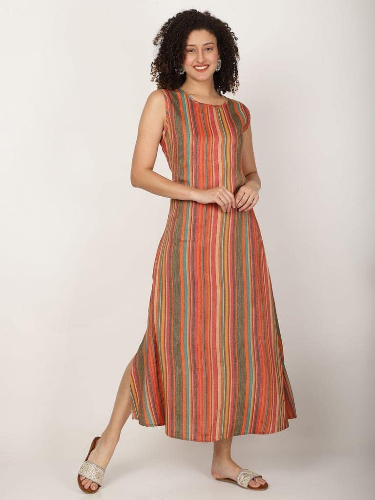 Striped Sleeveless Cotton A-line Kurta view 3