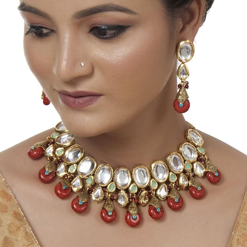 LUCKY JEWELLERY Back Meenakari 18k Gold Plated Red Color Tika Earring Combo Uncut Big Faux Kundan Choker Necklace set view 2