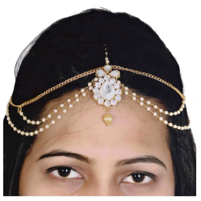 Lucky Jewellery Casual Bridal Dulhan Kundan White Color Stone Moti Maang Tikka Pearl Matha Patti for Girls & Women view 2