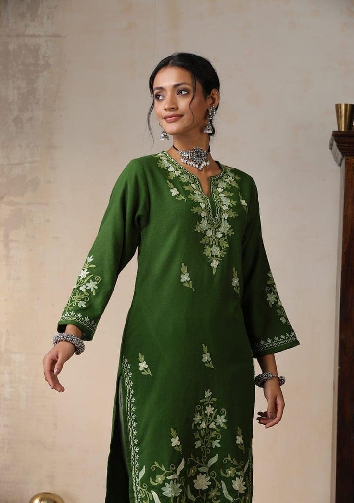HOC Crafts Aari Embroidered Woollen Solid Women's Long Kurta -Green view 5