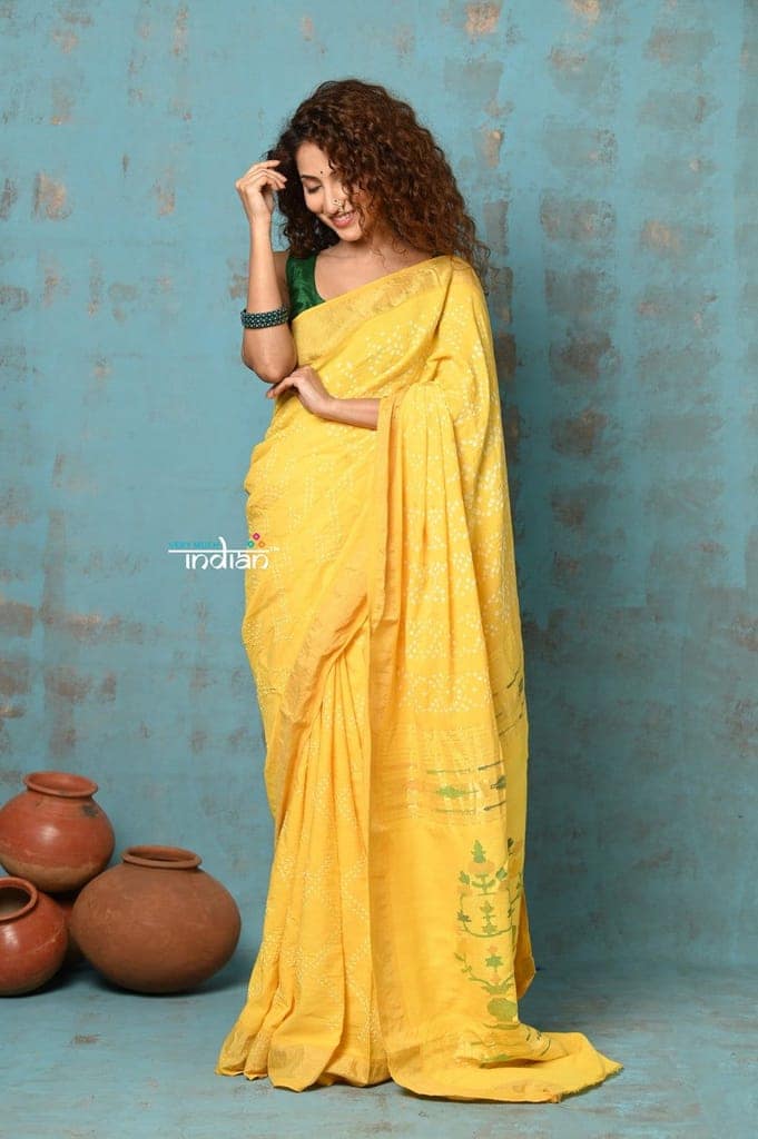 Tyohaar Exclusive ~ Handloom Pure Cotton Paithani With Hand Bandhani Work and Revival Aswali Pallu ~ Sunshine Yellow view 2