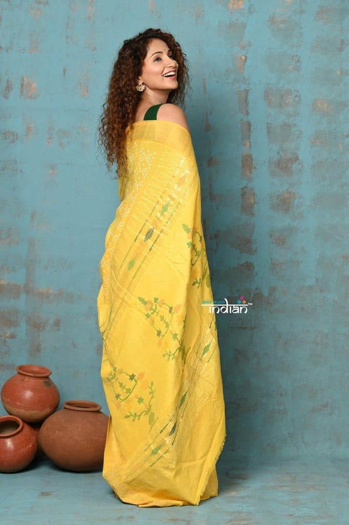 Tyohaar Exclusive ~ Handloom Pure Cotton Paithani With Hand Bandhani Work and Revival Aswali Pallu ~ Sunshine Yellow view 4