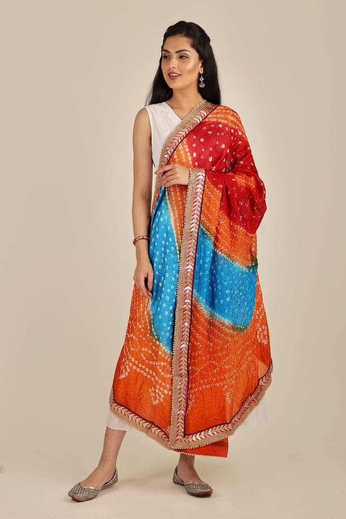 Methyl-Blue Multi-coloured Tie-Dye Bandhani Dupatta From Gujarat with Zari Patch Border and Beadwork view 2