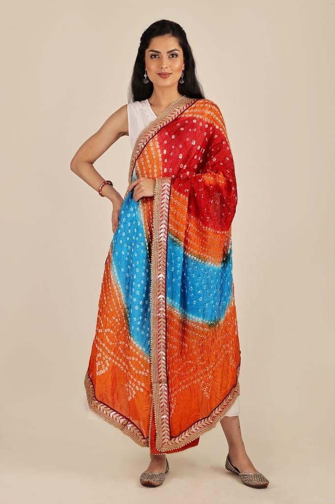 Methyl-Blue Multi-coloured Tie-Dye Bandhani Dupatta From Gujarat with Zari Patch Border and Beadwork view 3