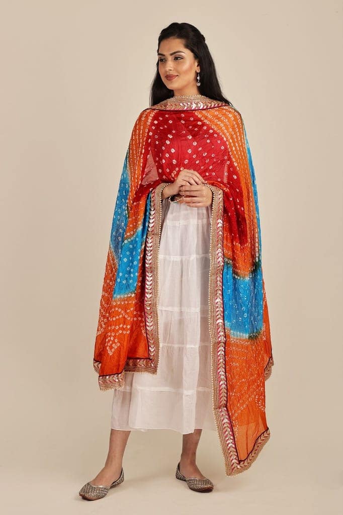 Methyl-Blue Multi-coloured Tie-Dye Bandhani Dupatta From Gujarat with Zari Patch Border and Beadwork view 4