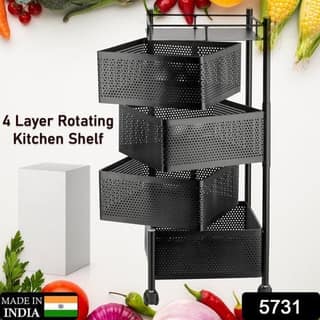 4 Layer Rotating Kitchen Storage Shelf with Wheels - Black Metal Organizer