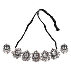 Cardinal White Stone Floral Silver Oxidized Choker Necklace Set