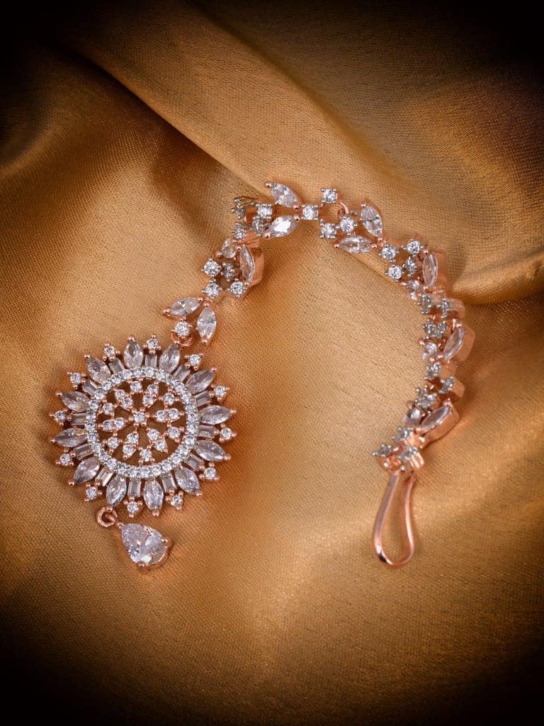 Stunning Floral Diamond Maang Tikka Rose Gold plated & Handcrafted for Women & Girls view 5