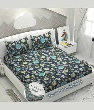 HIDECOR Microfibre Floral 1 Bedsheet with 2 Pillow Covers - Dark Grey