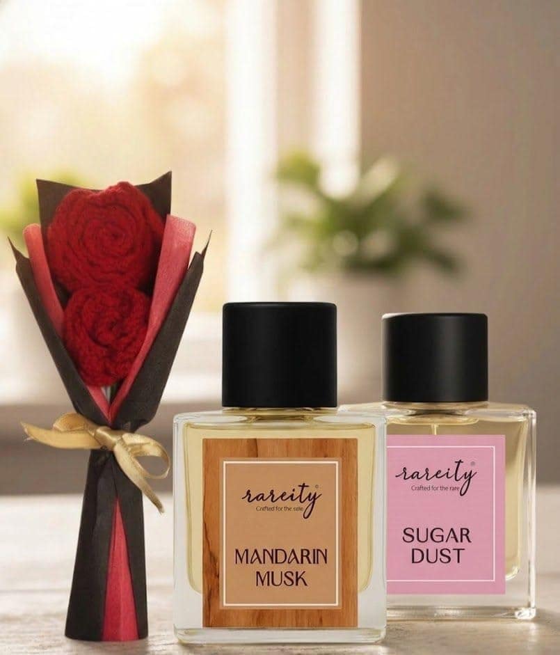 Rareity Wedding Special Perfume Gift Set – Mandarin Musk & Sugar Dust EDP for Men & Women with Rose Towel Bouquet – Long Lasting Luxury Fragrance Combo, 2 x 50ml