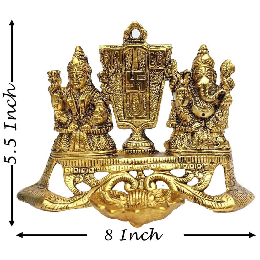 Aluminium Laxmi Ganesh Deepak Statue | Diwali Puja Idol for Home Mandir, Height : 5.5 Inch (ASMAS435 G) view 2