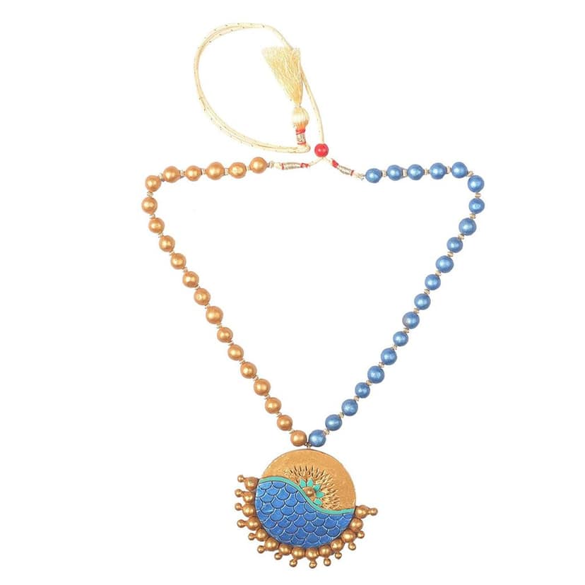 EKAM EK terracotta neckset with earrings for women and girls for casual and formal wear in blue and gold colour for saree, suit and skirt for festivals