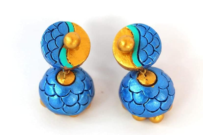 EKAM EK terracotta neckset with earrings for women and girls for casual and formal wear in blue and gold colour for saree, suit and skirt for festivals view 3
