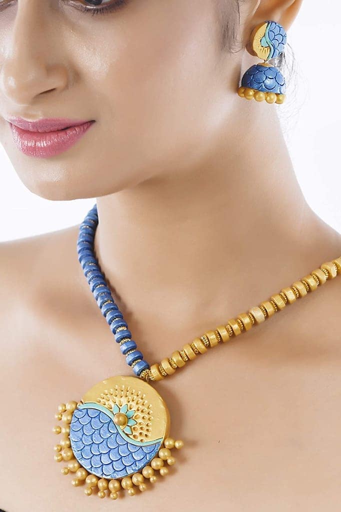 EKAM EK terracotta neckset with earrings for women and girls for casual and formal wear in blue and gold colour for saree, suit and skirt for festivals view 4
