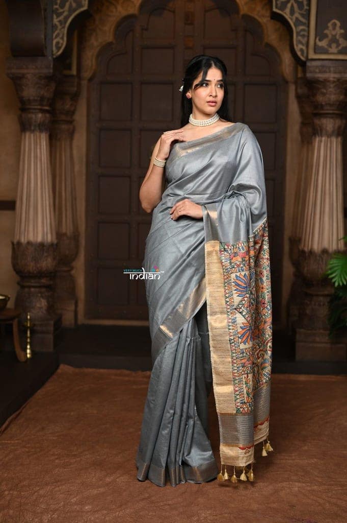 Parampara ~ Elegant Cotton Viscose Saree with Exquisite Hand-Painted Madhubani Art in Royal Ochre view 2