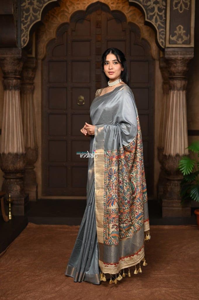 Parampara ~ Elegant Cotton Viscose Saree with Exquisite Hand-Painted Madhubani Art in Royal Ochre view 3
